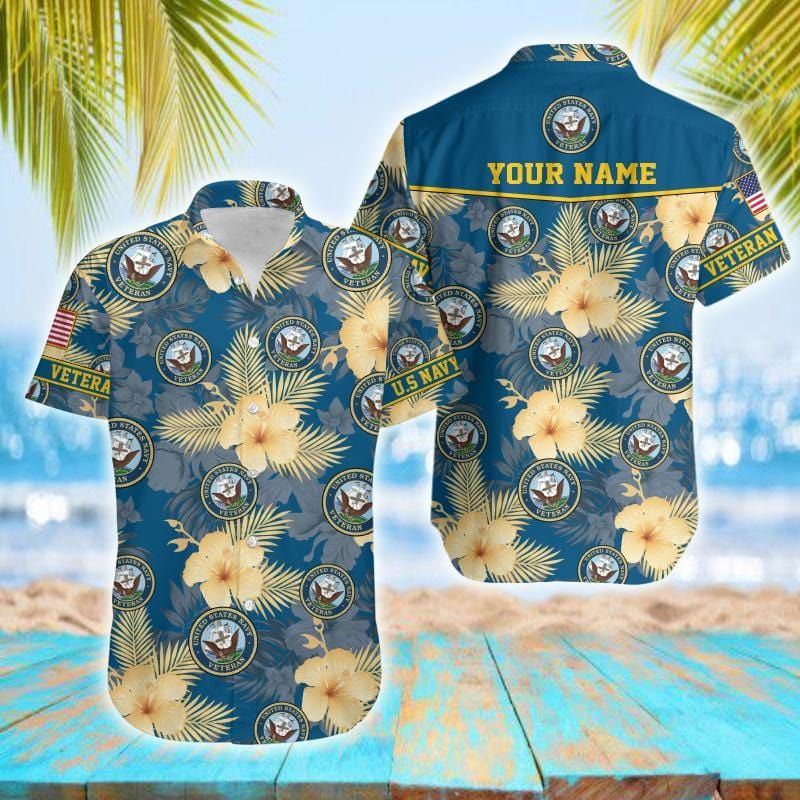 Felacia [Hawaii Shirt] Custom Name US Navy Hibiscus Blue Hawaiian Aloha Shirts-ZX2515